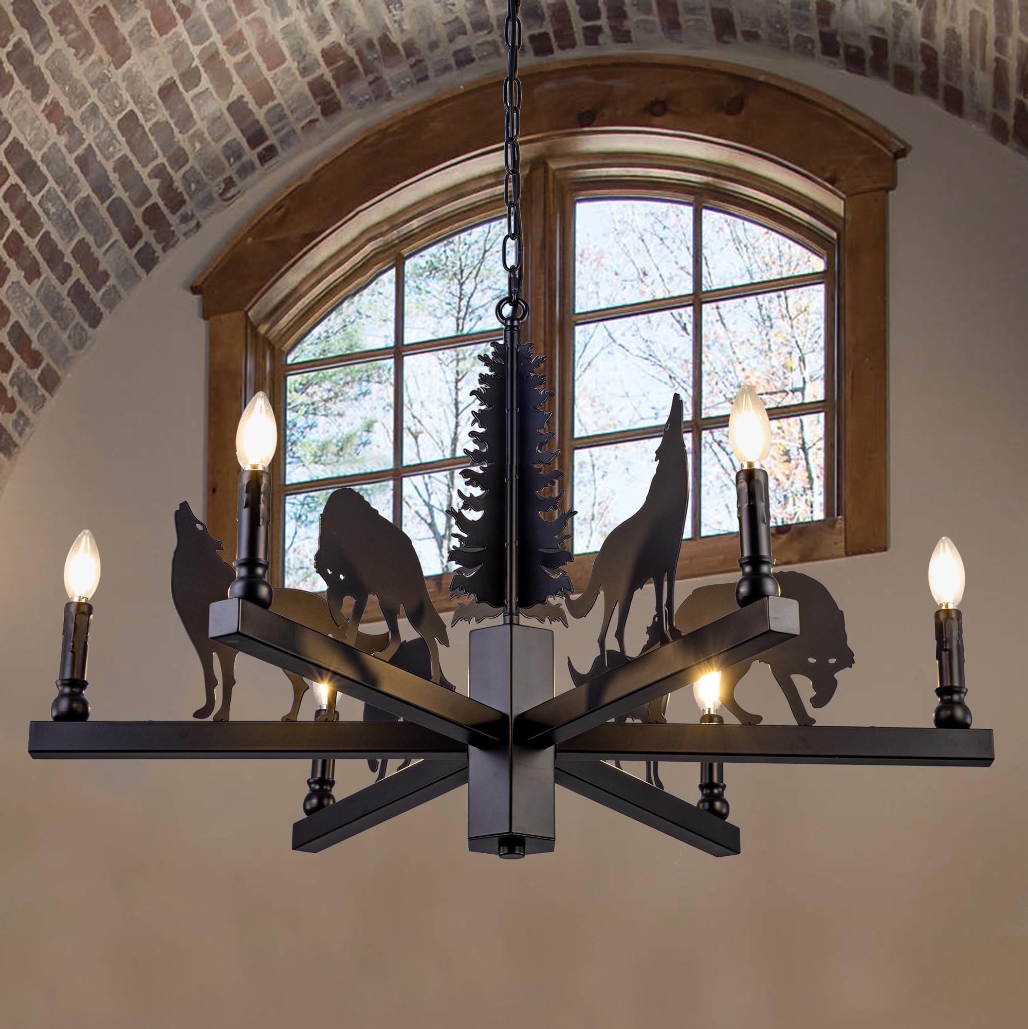 Photo 1 of TOCHIC 6 Lights Black Western Chandelier Light Fixture for Dining Room, 36" D Rustic Farmhouse Howling Wolf Chandelier for Living Room, Bedroom, Kitchen, Foyer, Entryway, Hallway, Cabin, Wild West