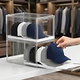 Hat Organizer for Baseball Caps: 2 Pack Clear Stackable Boxes Holds 16 Caps | Sliding Tray, Magnetic Door, Clear Display, Easy to Access Any Hat, Protect Caps from Dust &amp; Crushing, Easy to Assemble