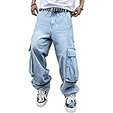 MZNBURAM Men's Y2K Hip Hop Baggy Cargo Jeans Loose Fit Wide Leg Denim Pants Casual Streetwear Trousers