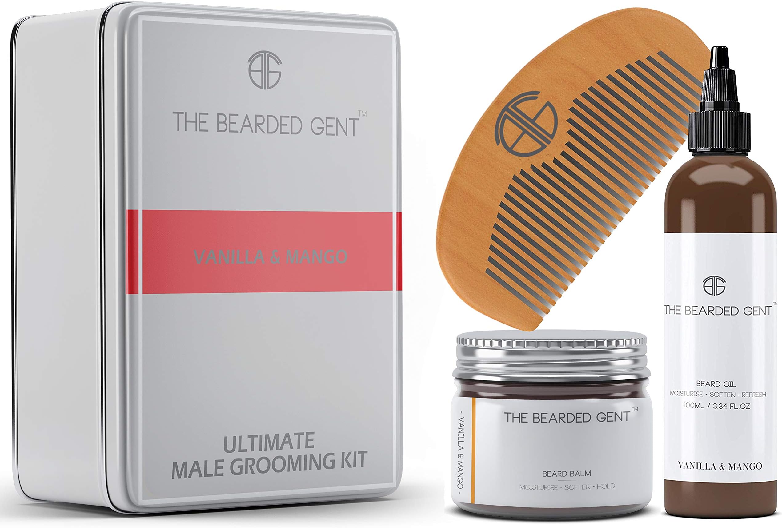 The Bearded Gent Beard Oil For Men - Moisturiser & Conditioner for Men's Facial Hair & Skin - Argan & Jojoba Oils - Helps Prevent Itching & Dandruff - Softener, Thickener (Vanilla & Mango, Bundle)