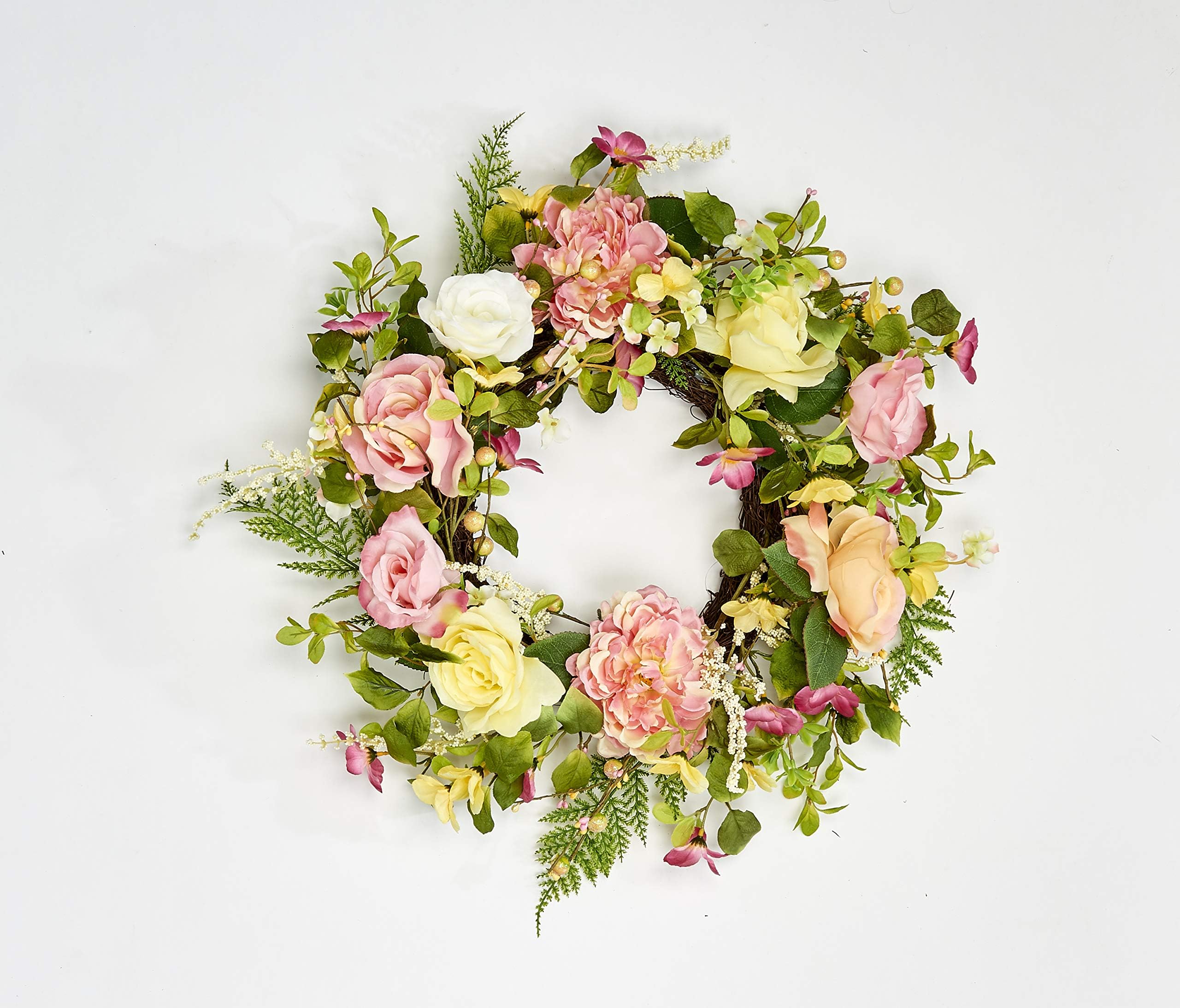 Worth Imports 24" Rose & Peony Natural Twig Base Wreath, Pink,White,Green