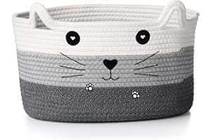 Zopeal Cat Basket Storage Woven Organizer with Ears Christmas Decorative Pet Toy Cute Cotton Rope Basket for Gift Cat Dog Toy Bin Nursery Room(13.7 x 7.8 Inch,White, Light Gray, Dark Gray)