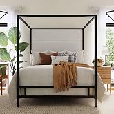 Merax King Size Black Metal Canopy Bed Frame, 76.5" Tall Velvet Upholstered Headboard, 4-Poster Bed with 800 lbs Capacity, Box Spring Required for Master Bedroom, Black+White