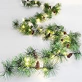 HamiFinee Christmas Garland with 30 LED Fairy Lights 6.56FT Battery Operated Smokey Pine Garlands with Pine Cones Artificial Greenery Garland Rustic Garland with Pinecones for Xmas Holiday Decorations