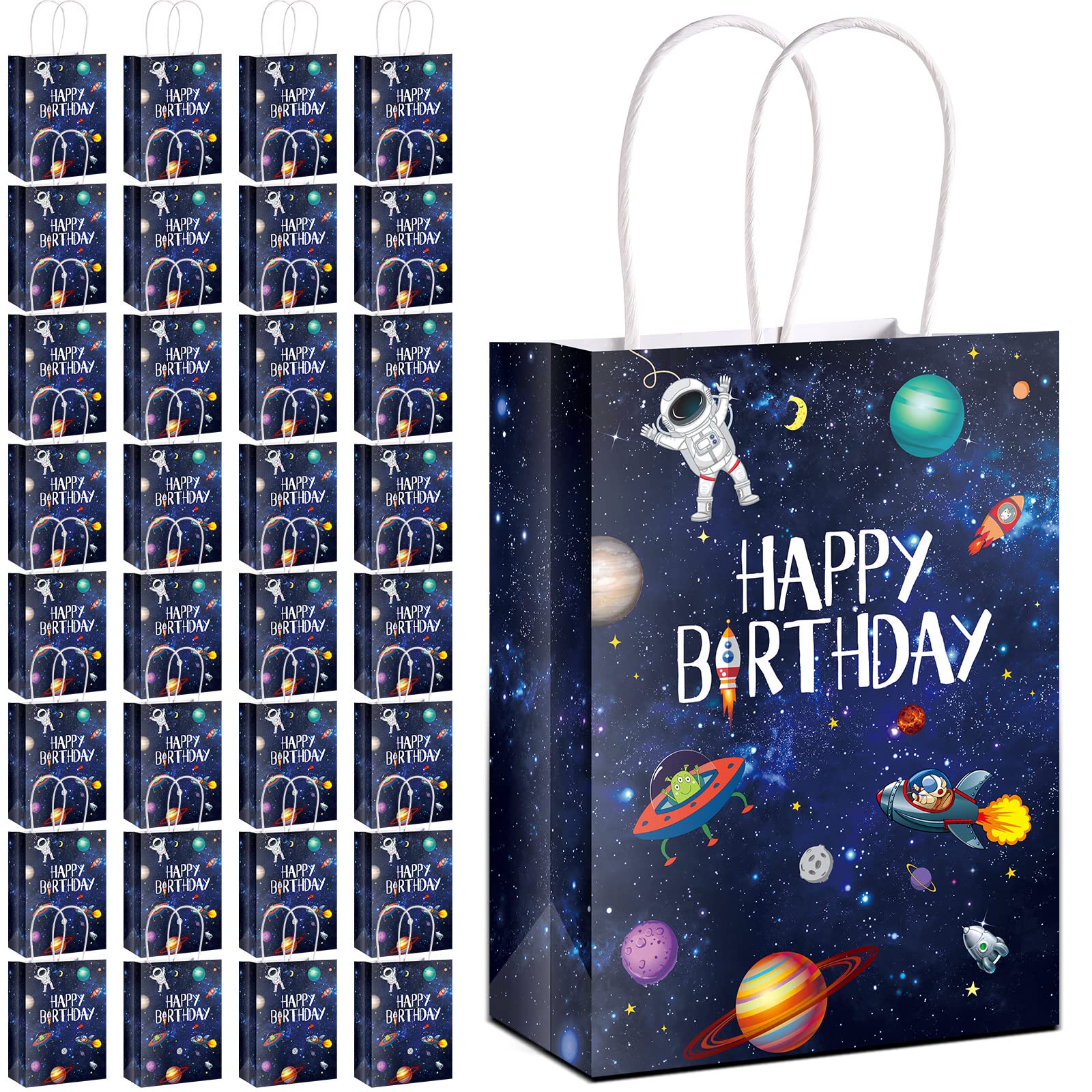 Photo 1 of Outus 32 Pack Outer Birthday Space Party Favors Space Goody Bags with Handles Galaxy Gift Bags Kraft Paper Planet Goodie Treat Astronaut Present for Boys Girls Theme Party