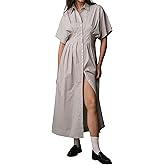 Burtell Women Casual Striped Button Down Pleated Shirt Maxi Dress Summer Lapel V Neck Short Sleeve Empire Waist Long Dress
