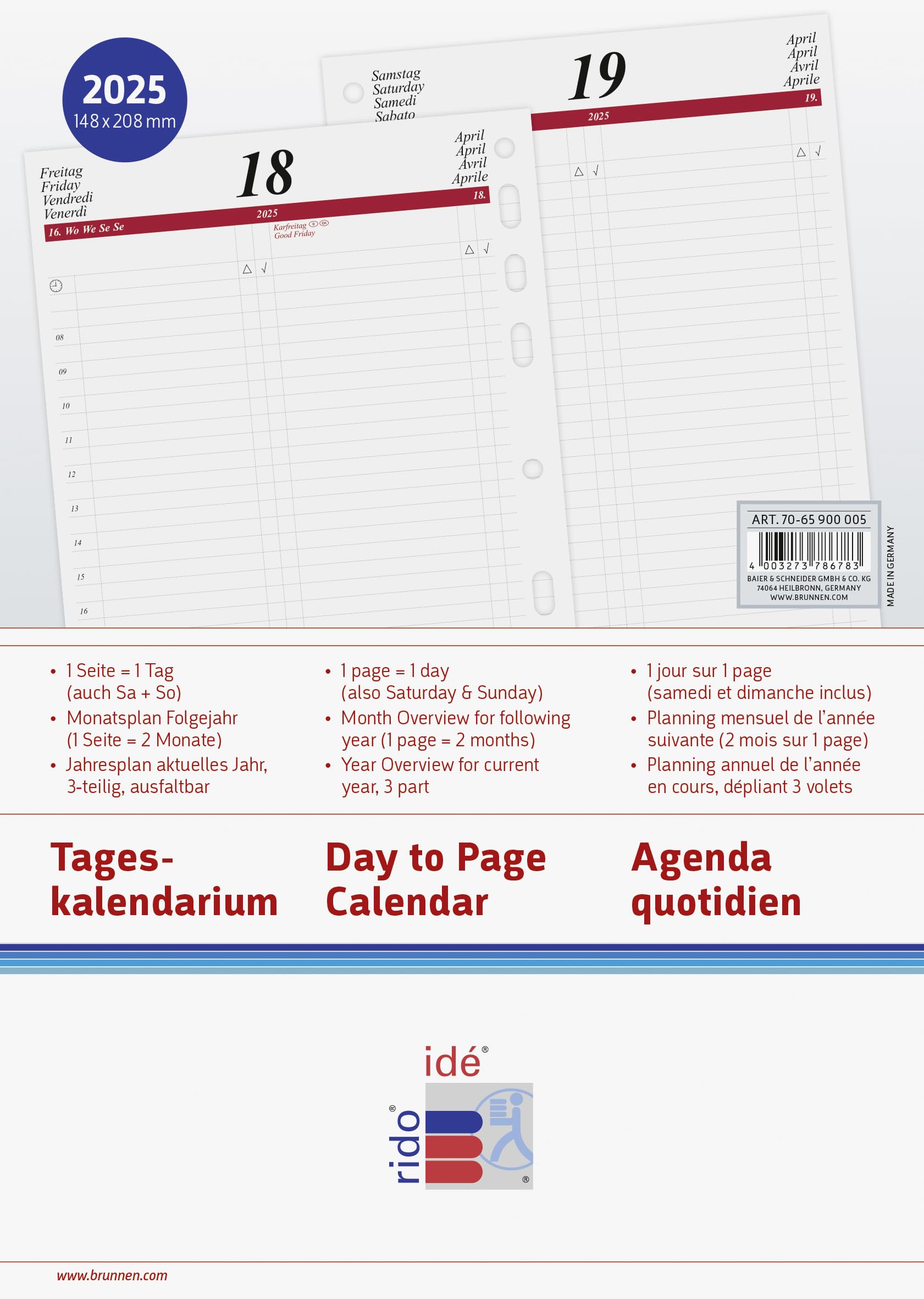 rido/idé Daily Calendar Timing 1 (2025), 1 Page = 1 Day, A5, 448 Pages