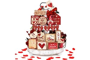 Nitial 20 Pcs Valentine's Day Tiered Tray Decor Farmhouse Gnome Heart Wooden Table Sign Rustic Valentines Decorative Trays Romantic Table Centerpieces for Valentine Home Kitchen Decor
