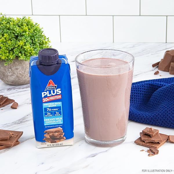 ATKINS CREAMY MILK CHOCOLATE PLUS PROTEIN SHAKE, 30G PROTEIN, 7G FIBER, 2G NET CARB, 1G SUGAR, KETO FRIENDLY, LOW CARB, HIGH PROTEIN DRINK, 12 COUNT