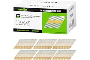 meite 30 Degree Framing Nails 3-Inch x .120-Inch, Ring Shank, Electro-Galvanized Coated, Paper Tape Collated, Offset Round Head Framing Nails for 30-34 Degree Framing Nailers (1,000 Counts)
