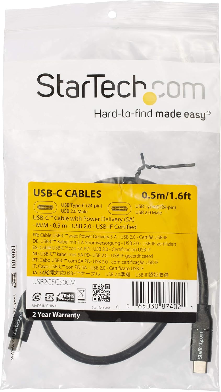 StarTech.com USB C to USB C Cable, 1.5 ft / 0.5m, 5A PD, White, USB 2.0, USB-IF Certified, USB Type C Cable - Image 5