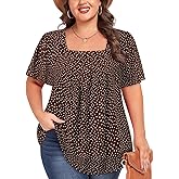 Siddhe Plus Size Chiffon Tops for Women Short Sleeve Square Neck Summer Dressy Blouses Loose Tunic