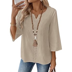 AKEWEI Womens 3/4 Sleeve Cotton Linen Tops Summer Fall Blouses Boho Fashion | Tunics to wear with leggings swing flare t-shir