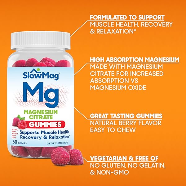 SLOWMAG MAGNESIUM CITRATE GUMMIES – SUPPORTS MUSCLE HEALTH, RECOVERY & RELAXATION, NATURAL BERRY FLAVORED, 60 COUNT