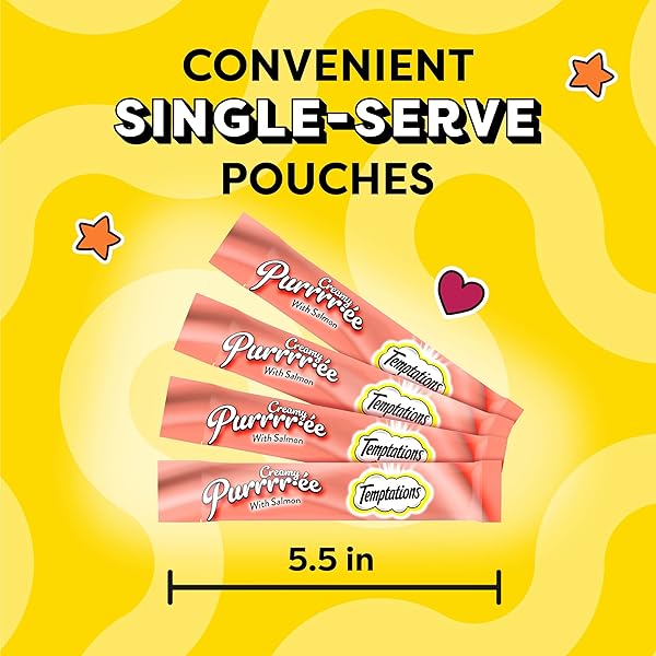 TEMPTATIONS CREAMY PUREE WITH SALMON LICKABLE, SQUEEZABLE CAT TREATS, 0.42 OZ POUCHES, 16 COUNT