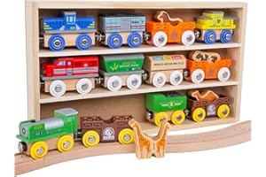Orbrium 12 (18 Pcs) Wooden Engines & Train Cars Collection with Animals, Farm Safari Zoo Wooden Animal Train Cars, Circus Train Compatible with Thomas, Brio, Chuggington