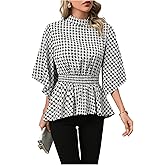 MakeMeChic Women's Houndstooth Print Blouse Mock Neck Ruffle Bell Sleeve Peplum Shirred Dressy Tops