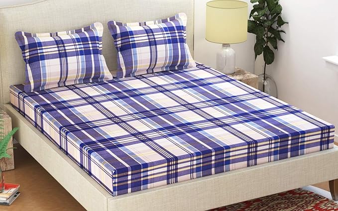 HIYANSHI HOME FURNISHING Glace Cotton King Size Double Bedsheet with 2 Pillow Covers (Blue 8)