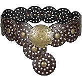 LEACOOLKEY Women's Boho Disc Belt Wide Western Leather Belt Vintage Concho Waist Belts for Dress Jeans