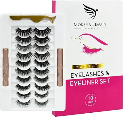 Moksha Beauty Magnetic Eyelashes 10 Pairs Natural Look Kit w/ Eyeliner Tweezers