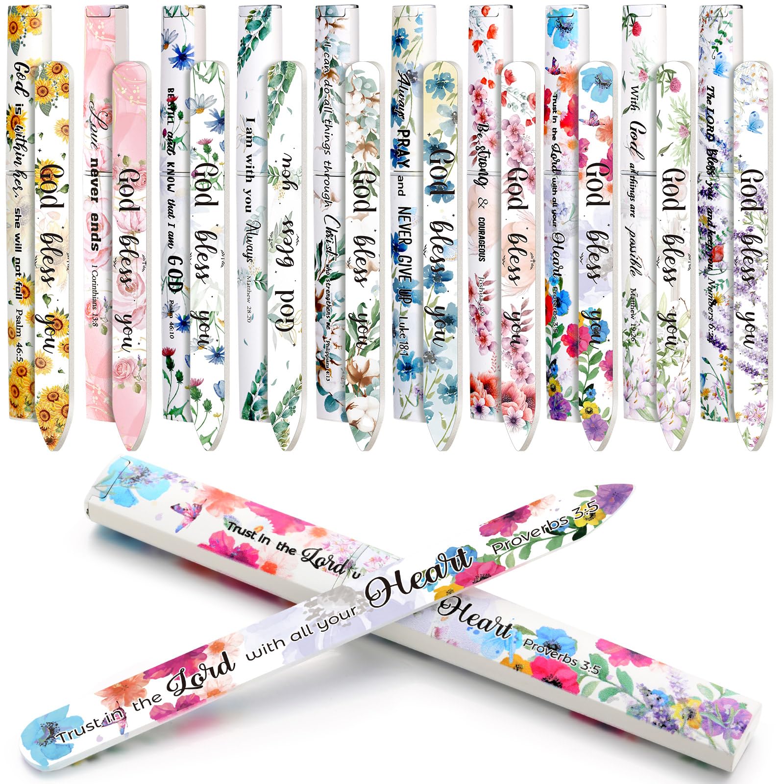 Photo 1 of 10 Pack Christian Crystal Glass Nail File for Natural Nails Christian Gifts for Women Bulk Church Bible Verse Scripture Glass File with Case Double Sided Floral Scripture Emery Boards Religious Gift