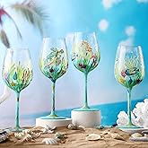 SiliFine 4 Pcs Sea Animal Hand Painted Wine Glasses Ocean Turtles Stemmed Wine Glasses Seahorses Seaweed Fish Decorative Drinking Cup Summer Ocean Gifts for Women Men Birthday Party Supplies
