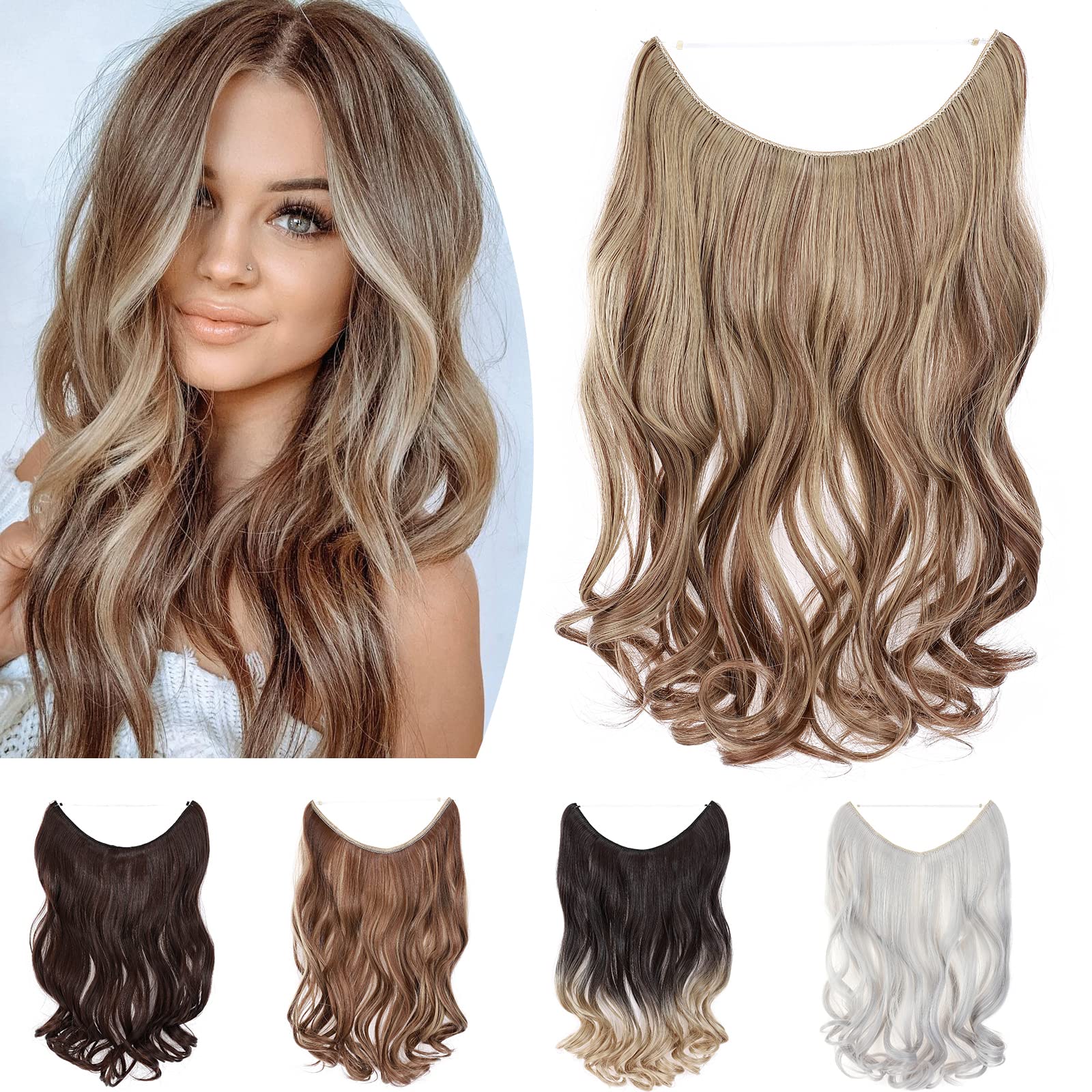 One Piece Wire In Hairpieces Matte Material Invisible Hair Extension Synthetic Wavy For Women Beauty, 20 Inch, Light Brown & Ash Blonde