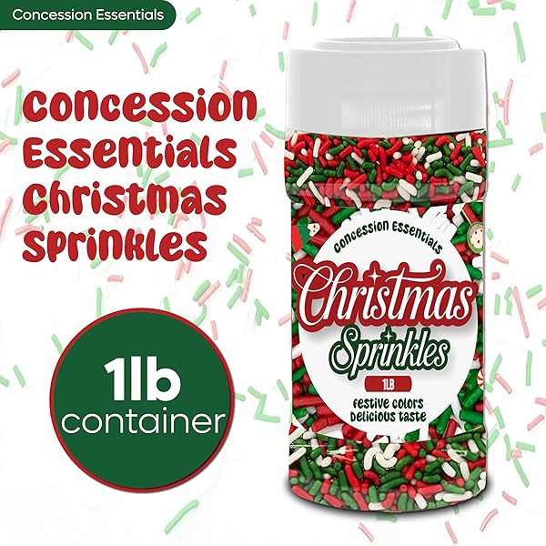 CONCESSION ESSENTIALS CHRISTMAS SPRINKLES, 1LB CONTAINER, RED, GREEN, WHITE COLORS