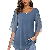 Miusey Flutter Sleeve Tops for Women Chiffon Sheer Blouse Work Crew Neck Shirts for Women Dressy Casual Fall Tunics to Wear with Leggings Flowy Blouses for Women Fashion 2022 Blue Grey M
