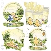 175pcs Winnie Baby Shower Decorations Boys Girls Classic Pooh Plates Napkins Cups Paper Disposable Dessert Plates Tableware Set for Newborn Kids Birthday Party Decoration Serves 25 Guests