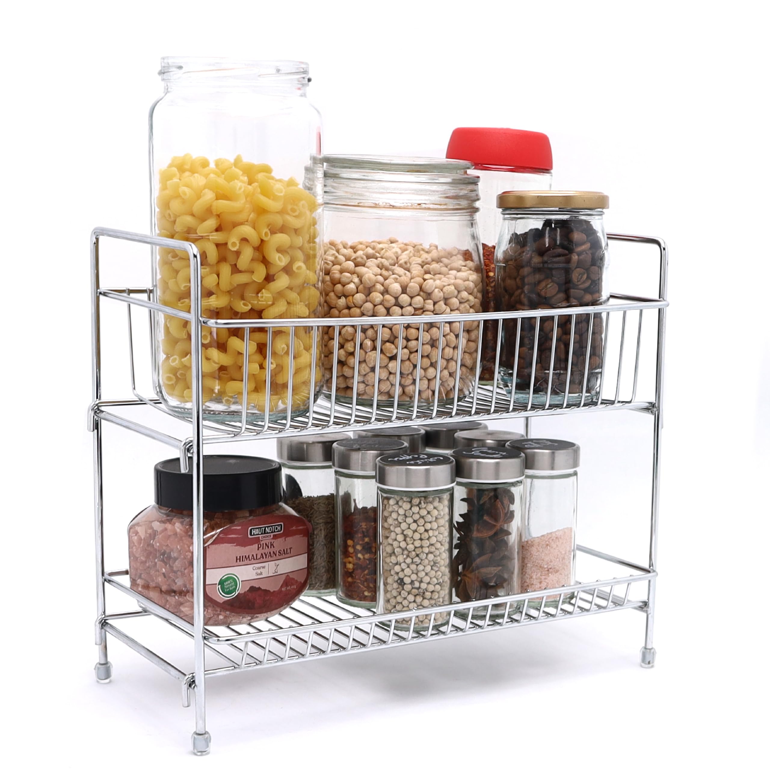 Buckingham Free Standing Two Tier Spice Rack Chrome Plated Multi-Purpose Kitchen Countertop Storage for Jars Bottles Herbs Bathroom Accessories Sturdy Heavy Gauge Iron Wire Organiser 30 cm