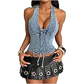 MakeMeChic Women's Denim Halter Corset Tops Y2K Jean Lace Up Vest Tops Sleeveless Shirred Tie Backless Top