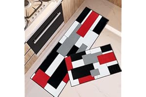 Tayney Red Geometric Kitchen Rugs and Mats Non Skid Washable Set of 2, Checked Black Grey Kitchen Mats for Floor, Rustic Minimalist Kitchen Runner Rug, Modern Abstract Kitchen Decor