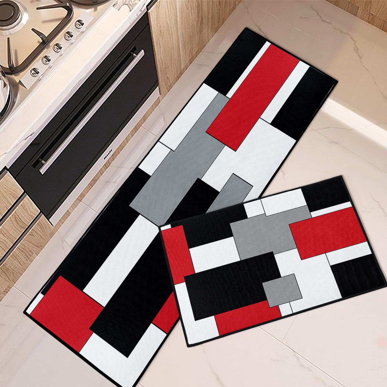 Photo 1 of ** FACTORY SEALED**Tayney Red Geometric Kitchen Rugs and Mats Non Skid Washable Set of 2, Checked Black Grey Mats for Floor, Rustic Minimalist Runner Rug, Modern Abstract Kitchen Decor