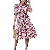 Kormei Women Casual Boho Floral Round Neck 3/4 Sleeve Smocked Waist Tiered A Line Flowy Swing Midi Dress Long Dresses