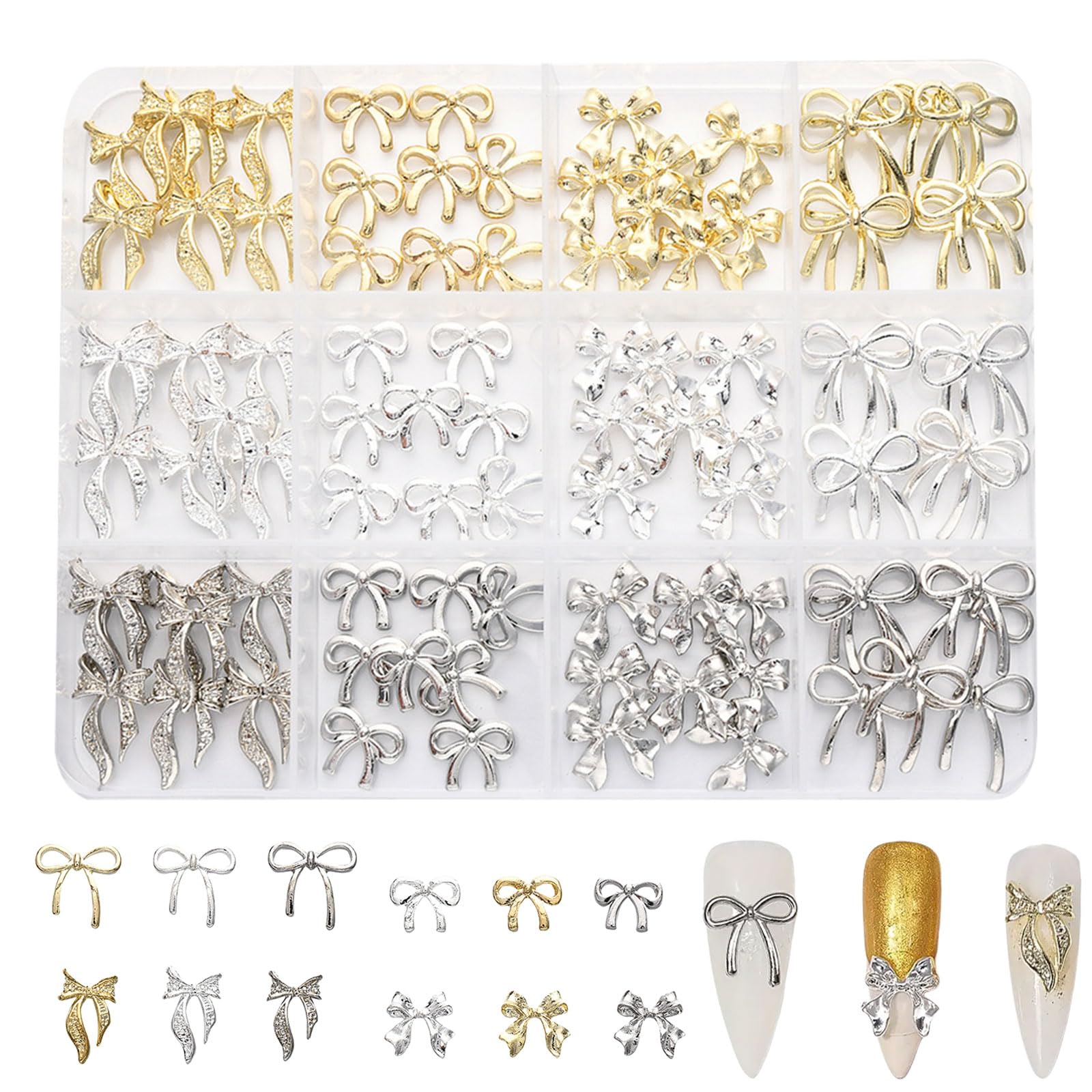 Bow Nail Charms,3D Bow Nail Gems and Charms,Metal Alloy Gold Silver Bowknot Bowtie Nail Art Decoration Nail Jewels for Women Girls Nail Design DIY Crafts (Gold Silver A)
