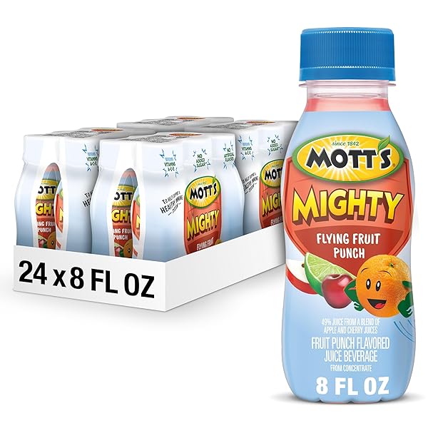 MOTT’S MIGHTY FLYING FRUIT PUNCH JUICE DRINK, 8 FL OZ BOTTLES, 24 COUNT (4 PACKS OF 6), 100% FRUIT JUICE WITH PURIFIED WATER, VITAMINS A, C AND E, NO ARTIFICIAL FLAVORS, COLORS OR SWEETENERS