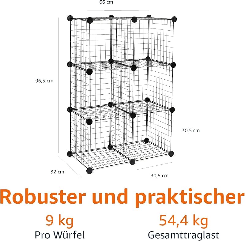 Stapelbare Aufbewahrungsregale mit 6 Würfeln aus Drahtgitter, 66 x 32 x 96.5 cm, Schwarz