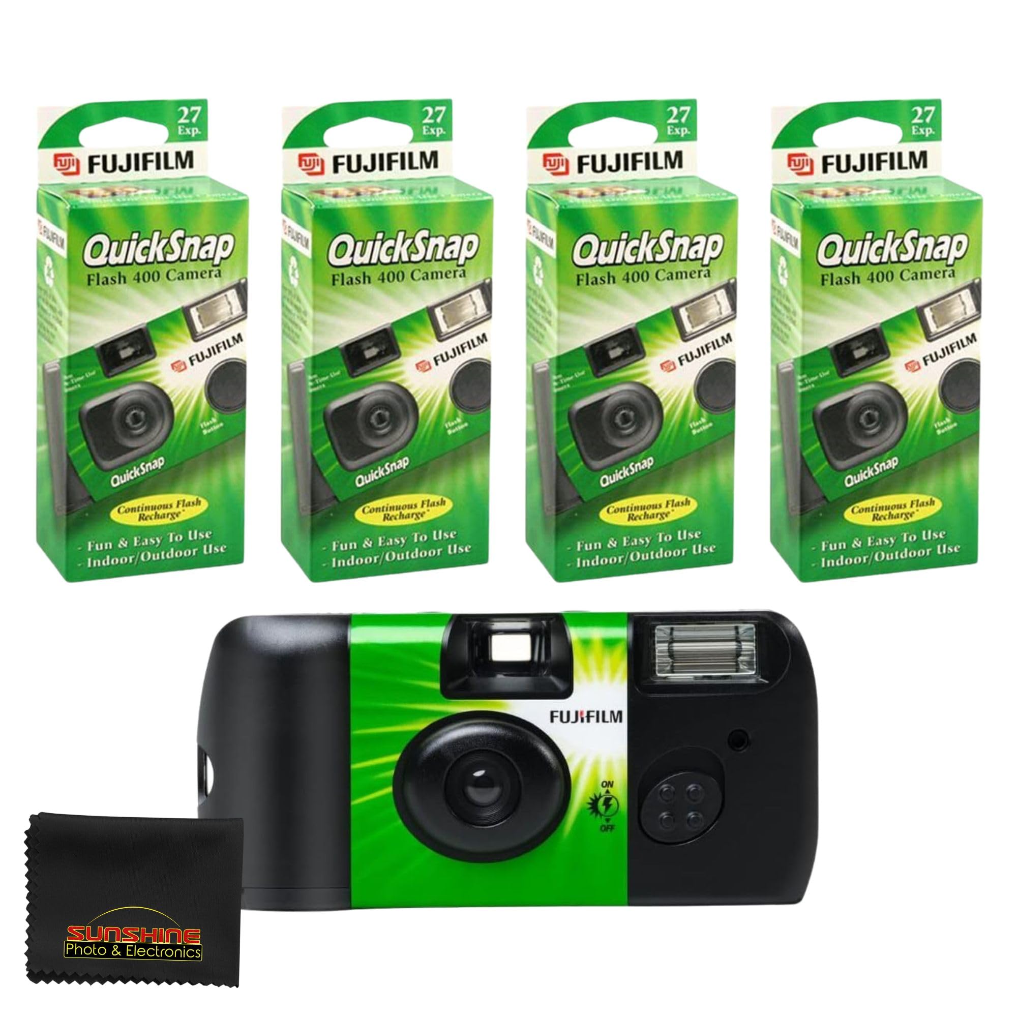 Fujifilm QuickSnap Flash 400 Camera, Fujifilm Disposable Camera with Flash, 27 Exposures with Sunshine Photo Microfiber Cloth (4 Pack) Image