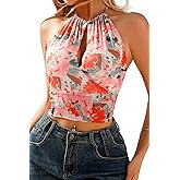 MSVLDR 2026 Women's Summer Halter Top V Neck Print Sleeveless Tie Back Mesh Backless Crop Camisoles Tops