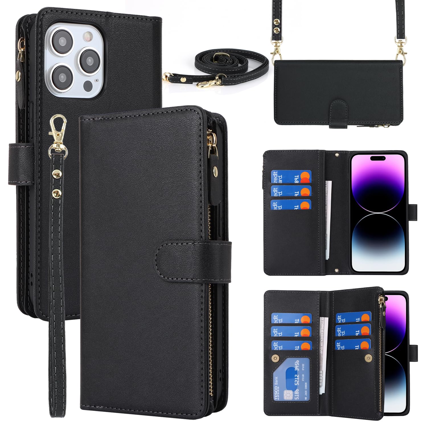 Cavor Compatible with iPhone 15 Pro Case With Card Holder With Strap,Flip Leather Crossbody Wallet Case,[9 Card Holders][Magnetic][Lanyard],Cover Phone Case for women - Black