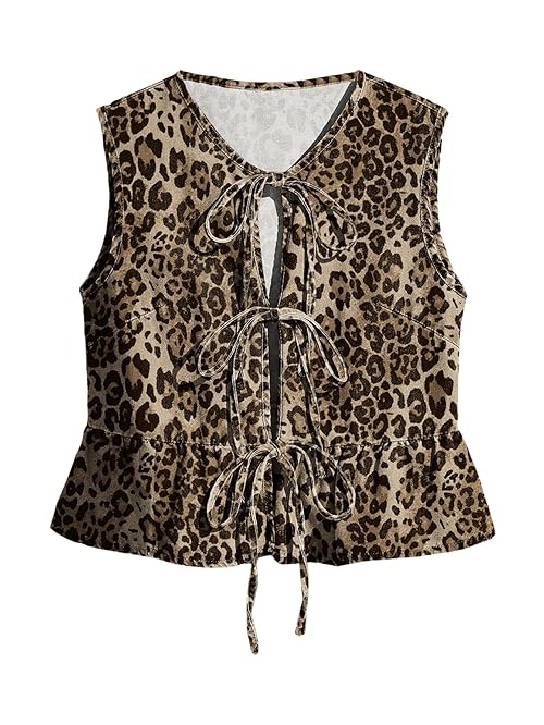 BEAUDRM Women's Bow Tie Front Denim Vest Jacket Ruffle Hem Jean Vest Sleeveless Peplum Tank Tops Streetwear Brown Medium