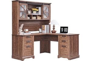 RedLemon 60" Farmhouse L Shaped Desk with Hutch, Wood Home Office Executive Desk with Drawer, Charging Station, File Drawer, Storage Cabinet, Rustic Writing Computer Desk (Reclaimed Barnwood)
