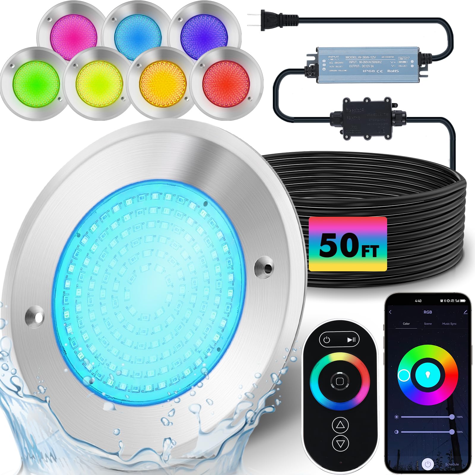 Photo 1 of 6” 12v LED Pool Light, 12w RGB Swimming Wall Mount Pool Lights Nicheless with 50FT Cord, IP68 Waterproof Underwater Pool Spa Light for Wall Mount ONLY(Transformer & Controller Included)