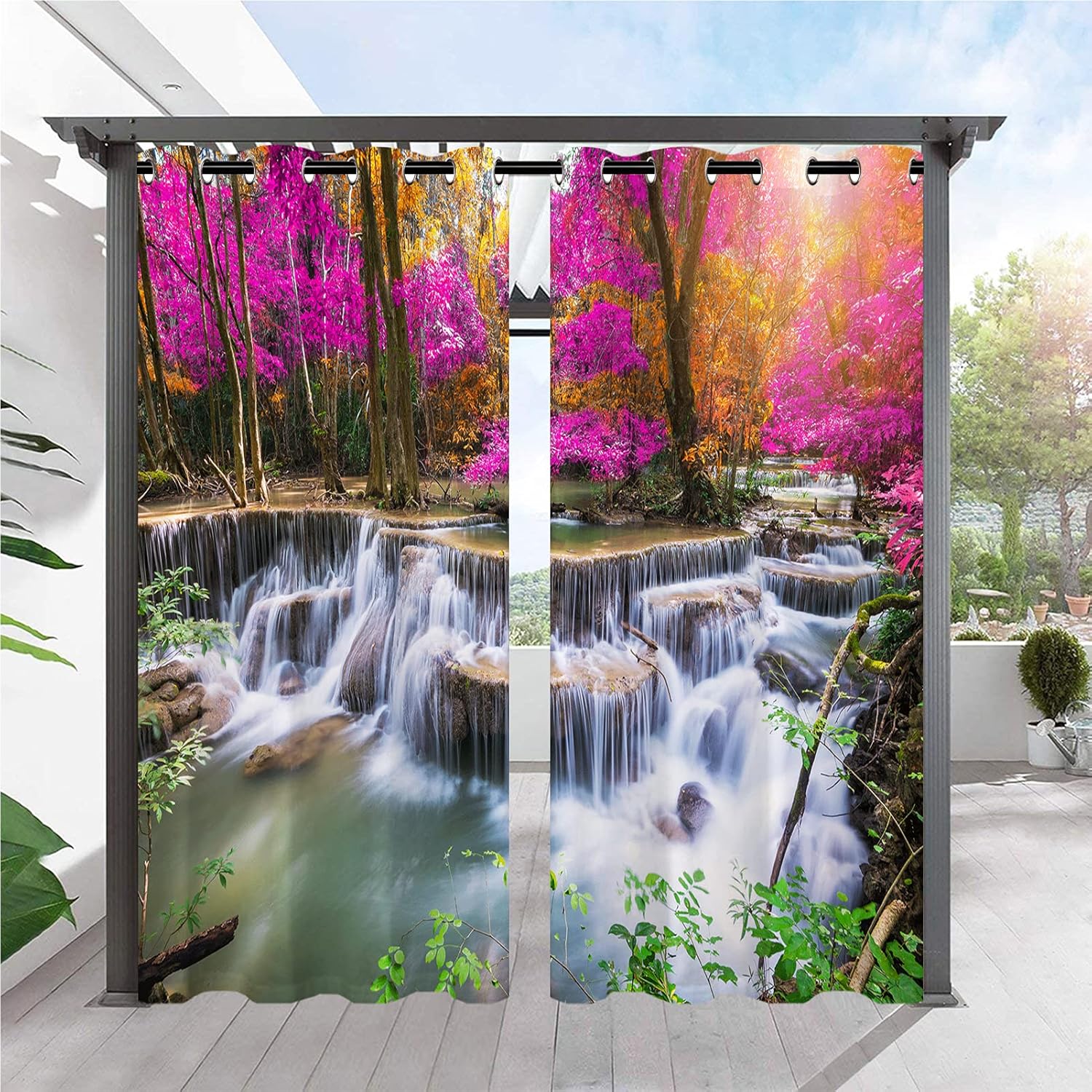 Outdoor Curtains - ANHOPE Outdoor Curtains - Grommet Top Waterproof Window Drapes Autumn Nature Waterfall Forest Scene Print Pattern Outside Privacy Curtains for Patio Pergola Gazebo Cabana Porch 2 Panels 54 x 84 Inch