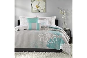 Madison Park Lola 100% Cotton Quilt Set - Casual Floral Channel Stitching Design, All Season, Lightweight Coverlet Bedspread Bedding, Shams, Decorative Pillows, King/Cal King(104"x94"), Aqua 6 Piece