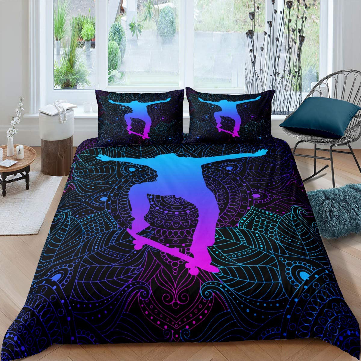 Skateboard Bedding Set Bohemian Mandala Duvet Cover Set Skate Boarding Games Sports Comforter Cover For Kids Boys Girls Geometric Lines Tribal Boho Quilt Cover With 2 Pillow Cases King Size Purple