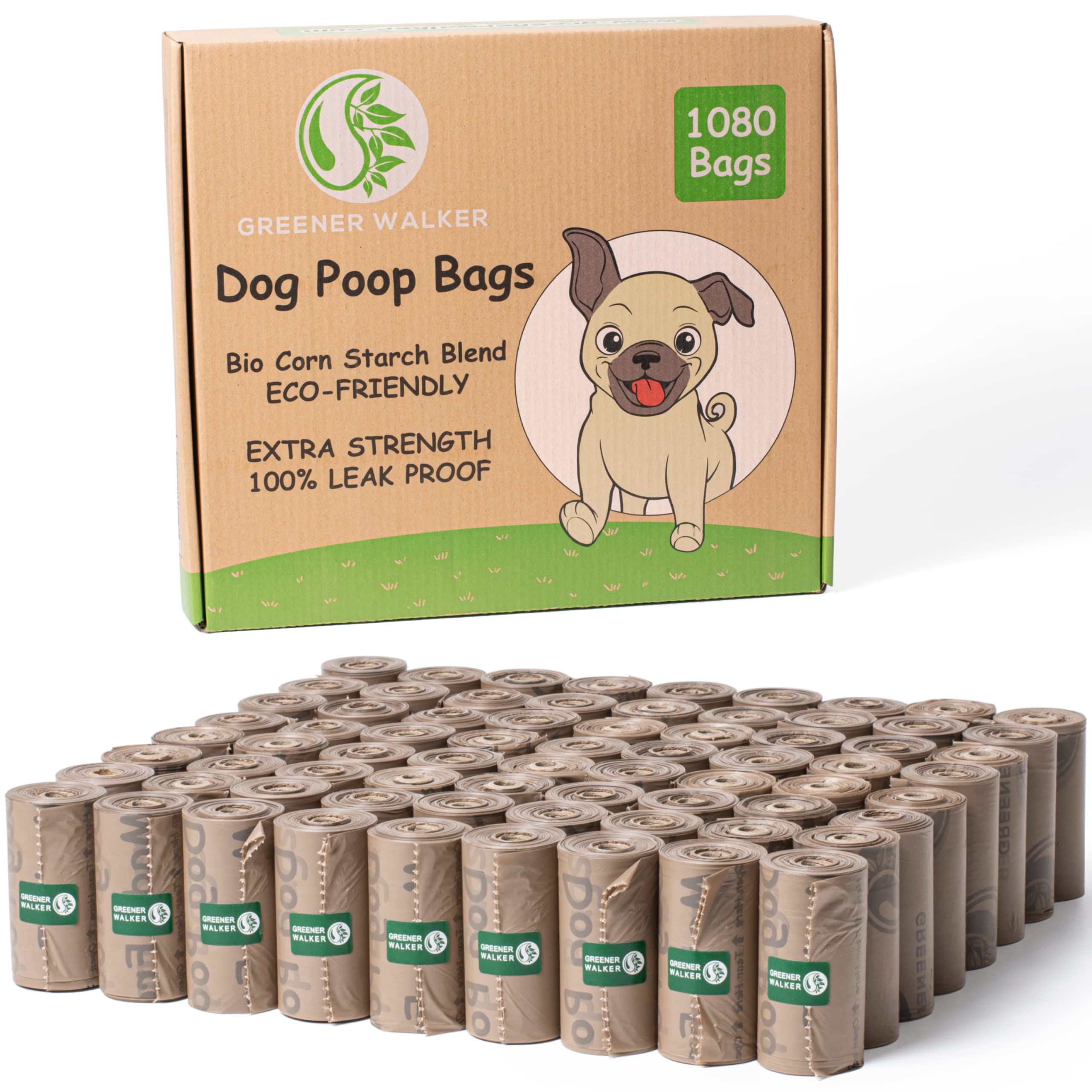 GREENER WALKER Poop Bags for Dog Waste 1080 Bags, Extra Thick Strong 100% Leak Proof Biodegradable Dog Waste Bags (Brown)