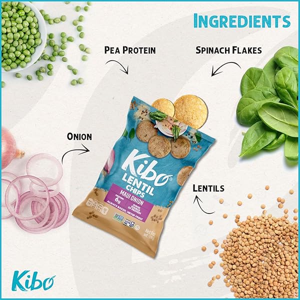 KIBO LENTIL CHIPS MAUI ONION FLAVOR – GLUTEN-FREE, HIGH PROTEIN-FIBER, NON-GMO, PLANT-BASED, MADE WITH REAL VEGGIES – 28G, 12 PACK