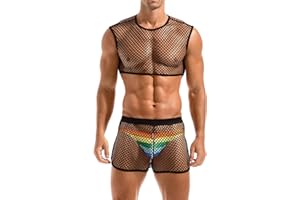 Amy Coulee Mens Fishnet Crop Top See Through Party Tank Top Sexy Muscle Top Sleeveless Mesh Shirt